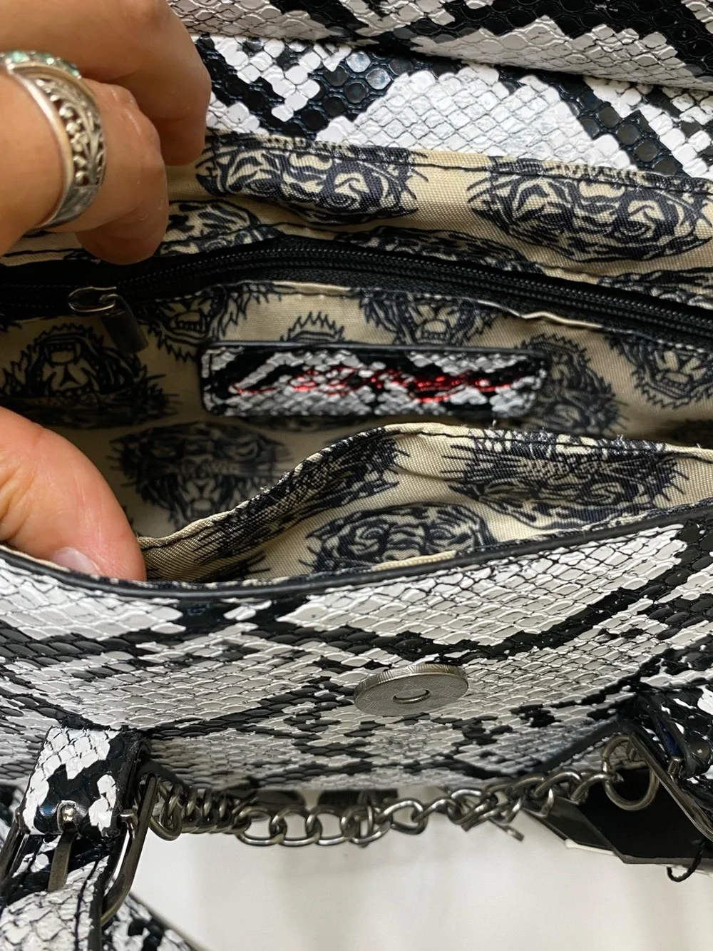 Ed Hardy Black & White Snake-Print Satchel with Charm Chain